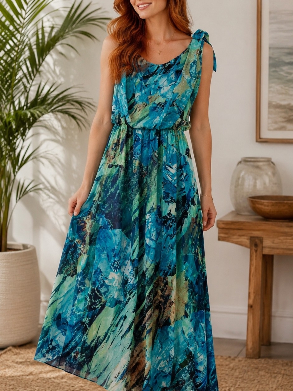 One-Shoulder Blue-Green Print Maxi Dress with One Shoulder